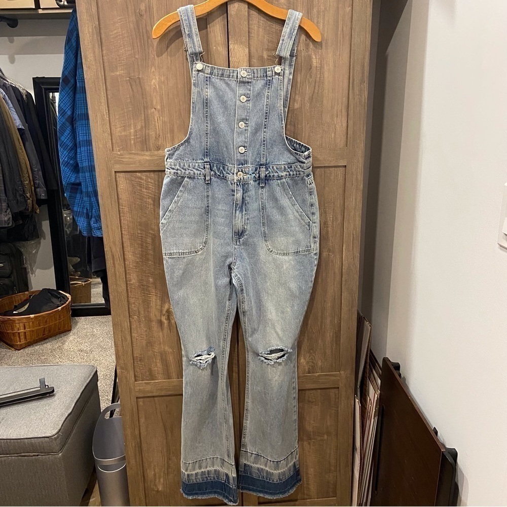 NWT Arizona Jean Co Large Bib Overalls Distressed Flared Frayed Hem